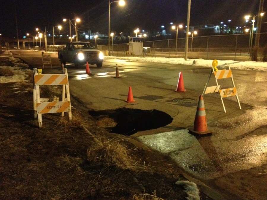 A sinkhole formed March 7 in the Crossroads district of Kansas City, Mo.