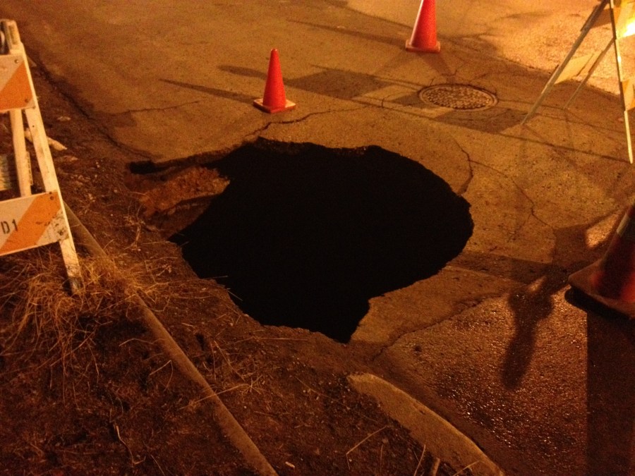 A sinkhole formed March 7 in the Crossroads district of Kansas City, Mo.