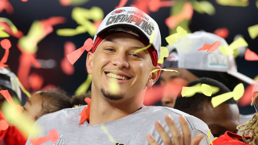 Patrick Mahomes surrounded by confetti